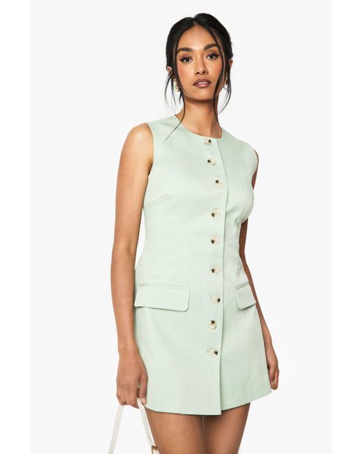 Boohoo White Tailored Button Down Cinched Waist Mini Dress