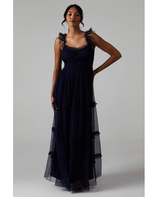 Oasis Blue Flutter Sleeve Tiered Mesh Bridesmaid Dress