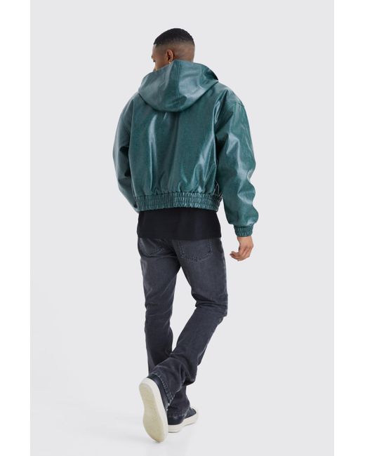 BoohooMAN Green Boxy Cracked Pu Hooded Bomber for men