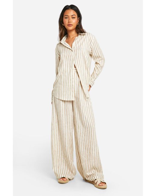 Stripe Linen Wide Leg Trousers Boohoo de color Natural