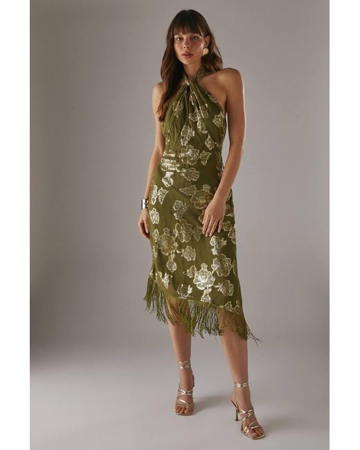 Warehouse Green Metallic Chiffon Fringe Hem Halter Wrap Front Midi Dress