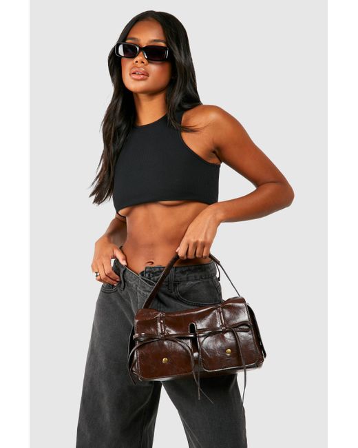 Boohoo Black Distressed Bow Detail Multi Pocket Bag