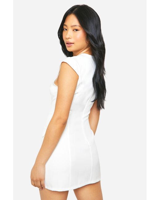 Boohoo White Petite Tailored Plunge Cap Sleeve Mini Dress