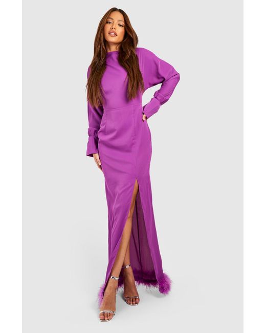 Boohoo Purple Tall Split Side Fluffy Feather Trim Maxi Dress