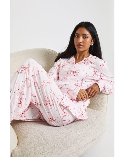 Boohoo Pink Bow Print Long Sleeve Shirt & Pants Pyjama Set
