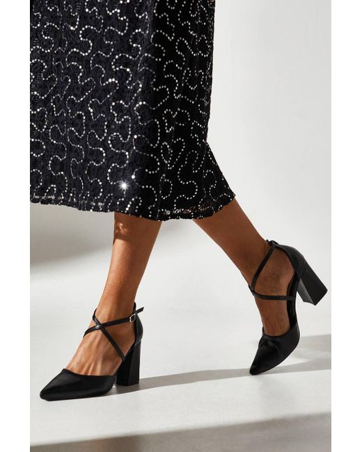 Coast Black Treat Faux Leather Cross Strap Pointed Block Heel Court Shoes