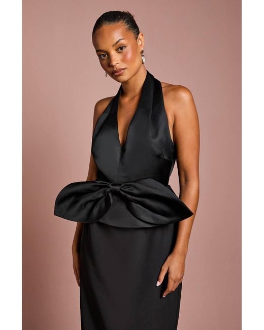 Coast Brown Petite Halter Neck Structured Satin Column Midi Dress