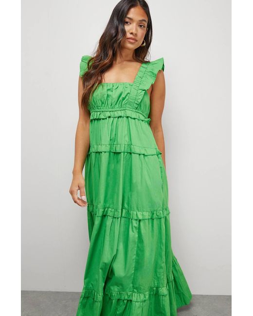 Warehouse Green Petite Poplin Frill Tier Midi Sundress