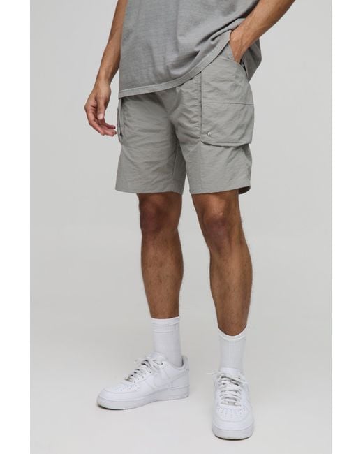 BoohooMAN Gray Elasticated Waist Relaxed Crinkle Nylon Cargo Shorts for men