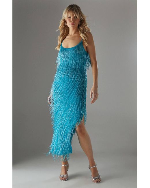Warehouse Blue Hand Embellished Sequin Tassel Midi Dress