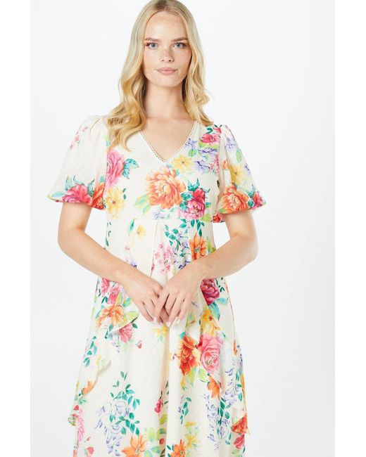 Oasis White Petite Floral Dobby Lace Trim Ruffle Midi Dress