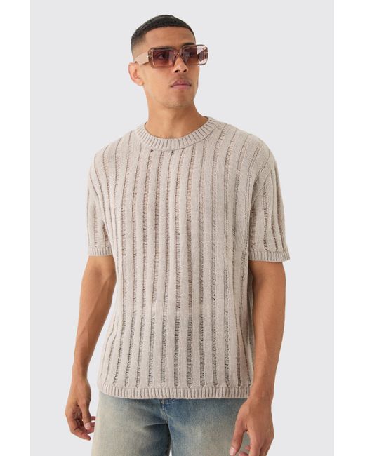 BoohooMAN Natural Oversized Open Ladder Stitch Knitted T-shirt In Stone for men
