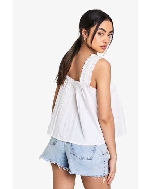 Boohoo White Shirred Strap Cotton Poplin Cami Top
