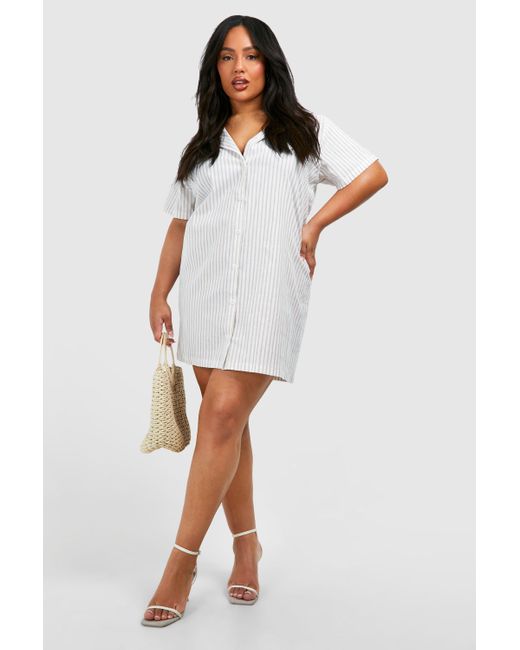 Boohoo White Plus Stripe Short Sleeve Oversized Shirt Dress