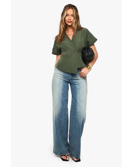 Woven Button Cap Sleeve Top Boohoo de color Green