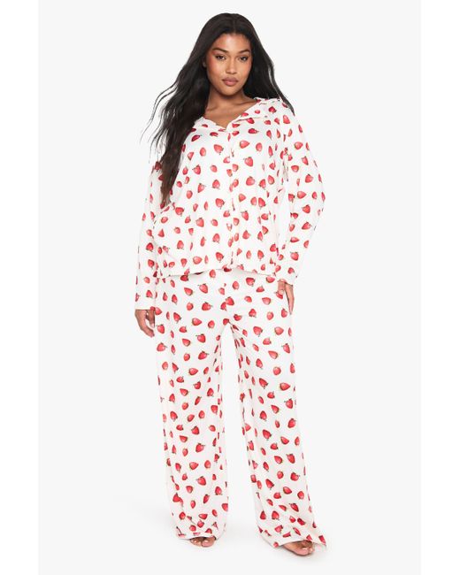 Boohoo Red Plus Strawberry Print Shirt And Trouser Set