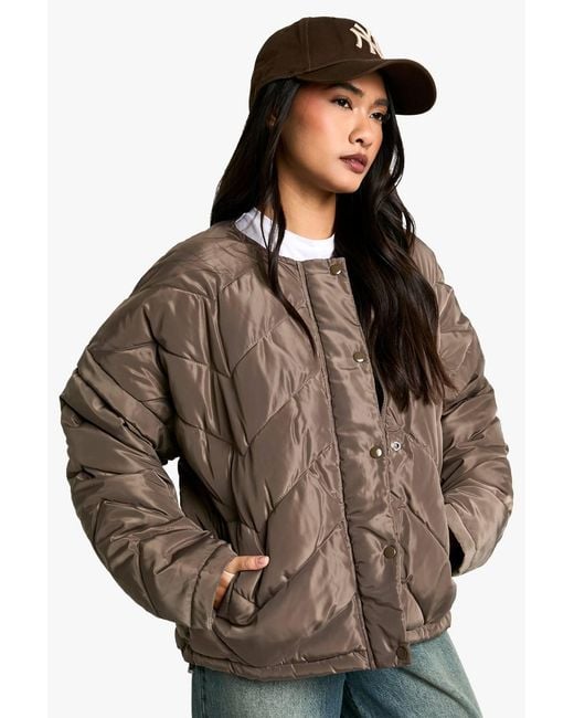 Boohoo Brown Quilted Collarless Puffer Jacket