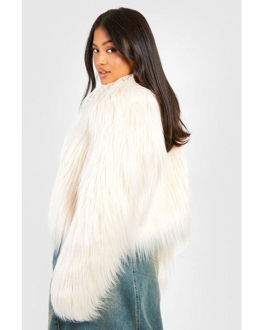 Boohoo White Petite Long Shaggy Faux Fur Crop Jacket