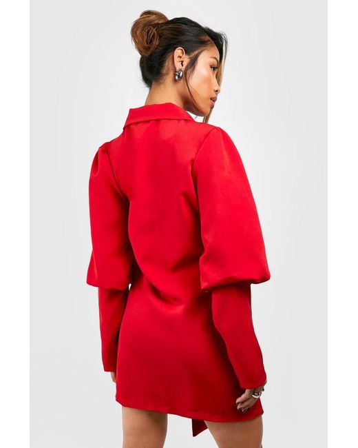 Boohoo Red Volume Sleeve Tie Waist Blazer Dress