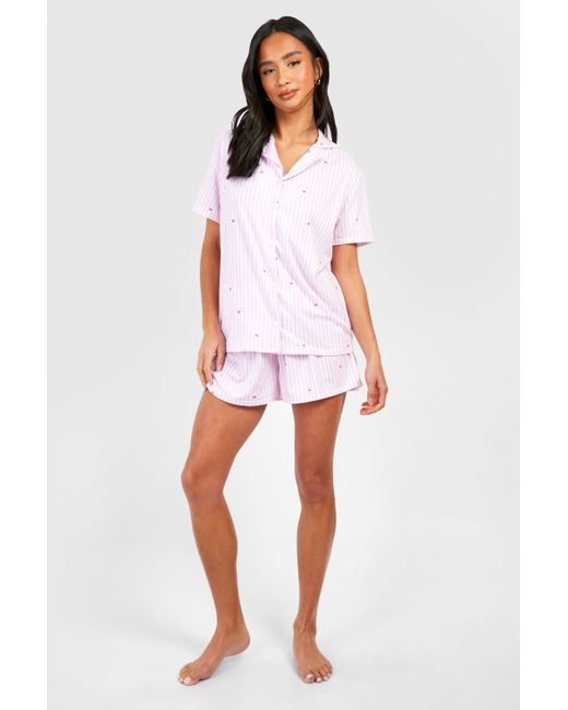 Petite Pinstripe Short Sleeve Pyjama Set Boohoo de color White