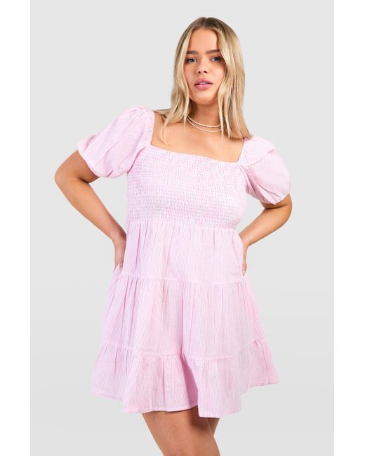 Boohoo Pink Plus Woven Pinstripe Puff Sleeve Tiered Mini Dress