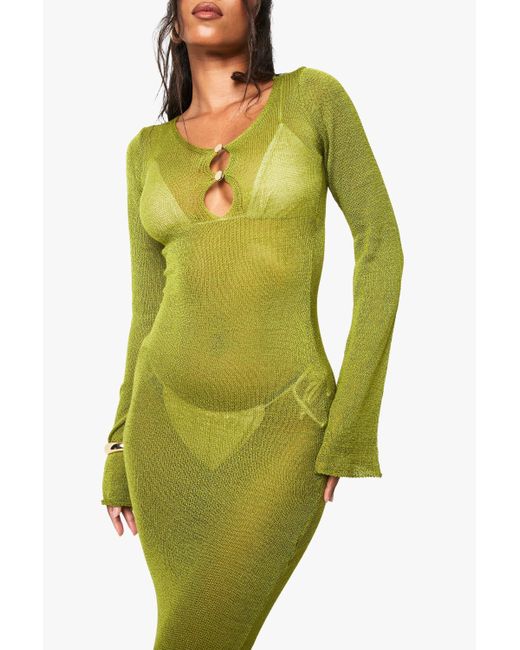 Vestido Maxi Para La Playa De Punto Transparente Con Botones Dorados Boohoo de color Green