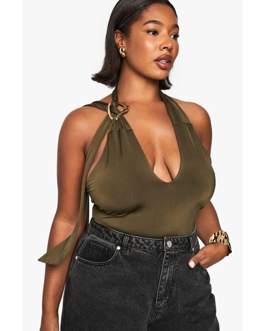 Boohoo Green Plus Halter Keyhole Ruched Side Top
