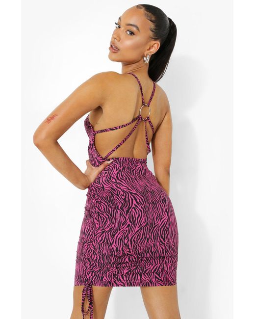 Boohoo Zebra Print O Ring Back Rouched Mini Dress In Pink Lyst Boohoo Zebra Print O Ring Back Rouched Mini Dress In Pink Lyst