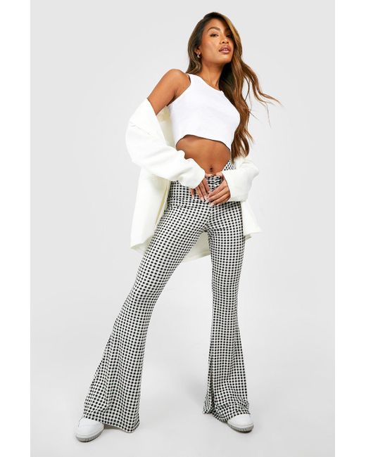 Boohoo Gingham Flannel Jersey Flared Pants in White | Lyst Canada