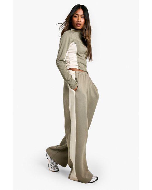 Boohoo Natural Color Block Zip Through Long Sleeve Top And Straight Leg Sweatpant Set