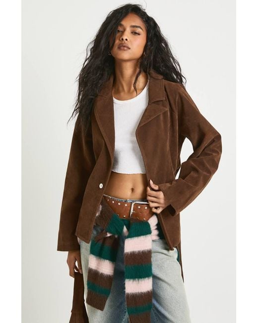 Boohoo Women's Brown Short Belted Suede Trench Coat