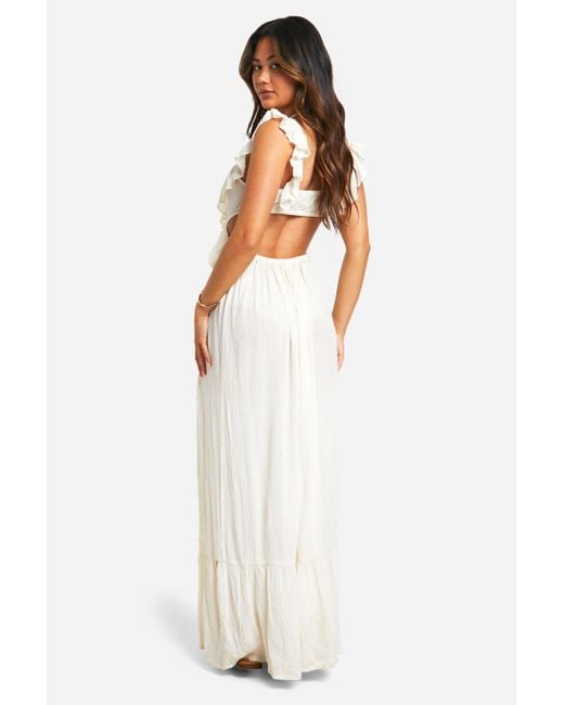 Boohoo White Cheesecloth Ruffle Plunge Maxi Dress