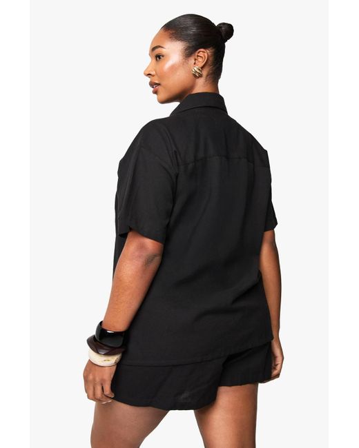 Boohoo Black Plus Linen Look Short Sleeve Shirt And Elasticated Waist Co-Ord