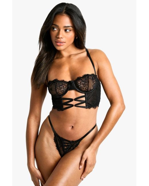 Boohoo Black Cutout Eyelash Lace Bra And Thong Set