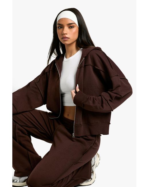 Boohoo Brown Exposed Seam Oversized Zip Through Hoodie