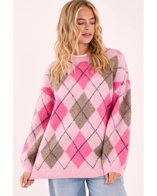 Nasty Gal Pink Brushed Argyle Ballon Sleeve Oversized Sweater