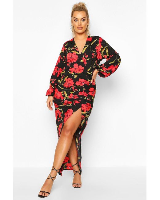 Floral Wrap Ruched Front Midaxi Dress ...