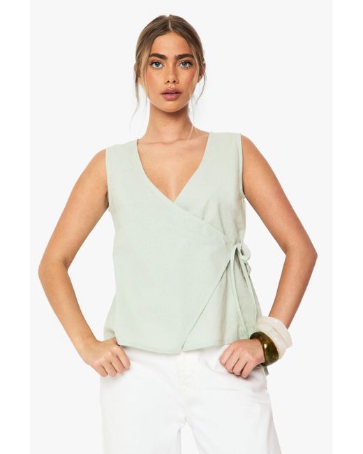 Boohoo Green Linen Wrap Front Top