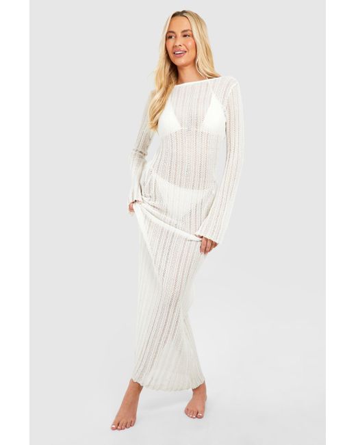 Boohoo Natural Tall Crochet Flare Sleeve Scoop Back Knitted Dress