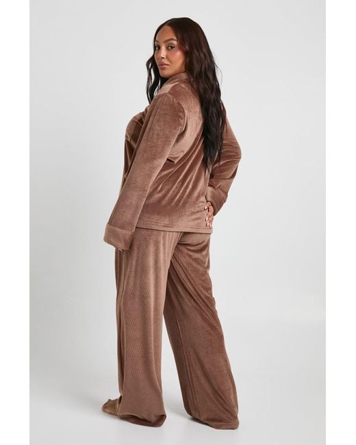 Boohoo Brown Plus Rib Velour Trouser Pj Set