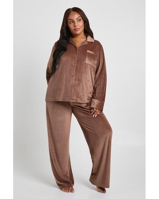 Boohoo Brown Plus Rib Velour Trouser Pj Set