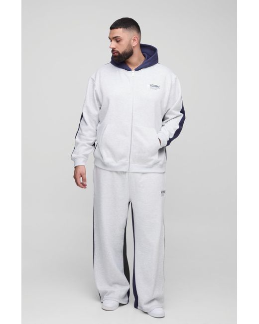BoohooMAN Gray Plus Oversized Homme Colour Block Zip Hooded Tracksuit for men
