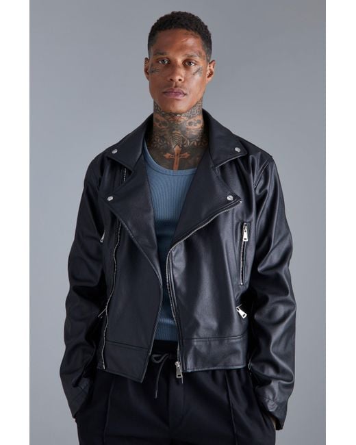 BoohooMAN Boxy Fit Faux Leather Biker Jacket in Grey for Men | Lyst Canada