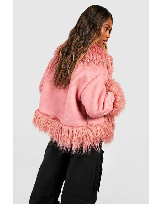 Boohoo Pink Faux Fur Trim Short Suedette Coat