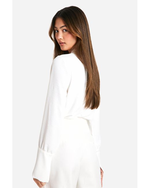 Boohoo White Hammered Flared Cuff Tie Neck Blouse