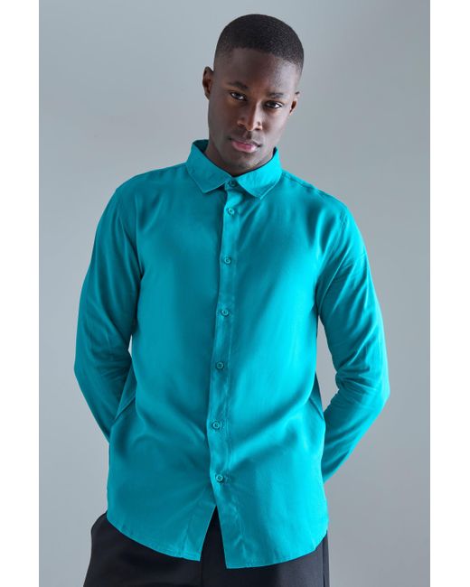 BoohooMAN Blue Plain Viscose Long Sleeve Shirt for men