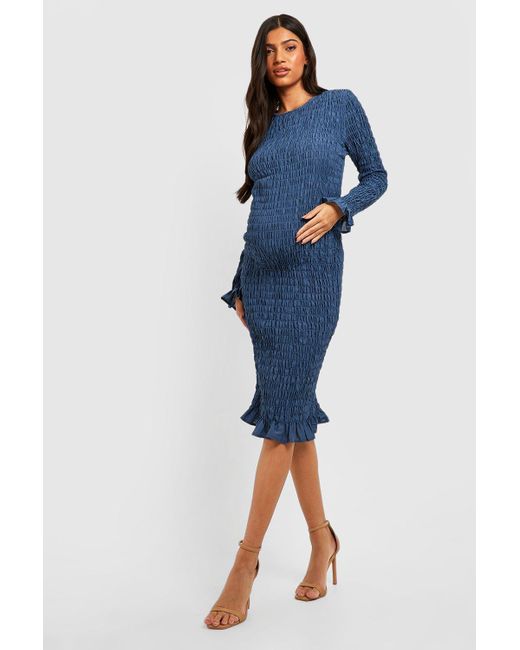 Boohoo Maternity Shirred Long Sleeve Midi Dress in Blue