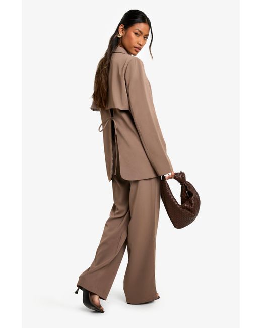 Boohoo Natural Woven Pleated Straight Leg Tailored Trouser