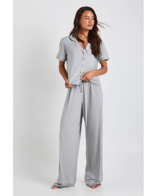 Boohoo Gray Tall Premium Modal Piping Detail Short Sleeve Shirt & Trousers Pyjama Set