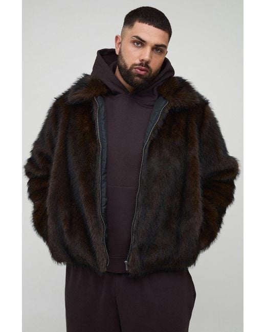 BoohooMAN Black Plus Boxy Oversized Fit Faux Fur Collared Jacket for men